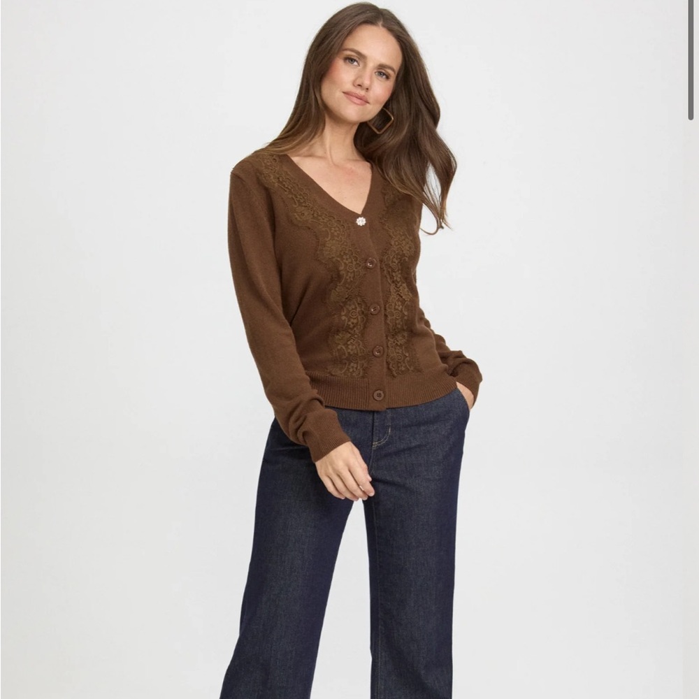 Laura Knitted Cardigan Sweater Lace Detail Coffee Brown - Picture 4 of 12